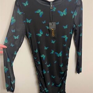 Black Dress with Blue Butterfly Print and Mesh Sleeves